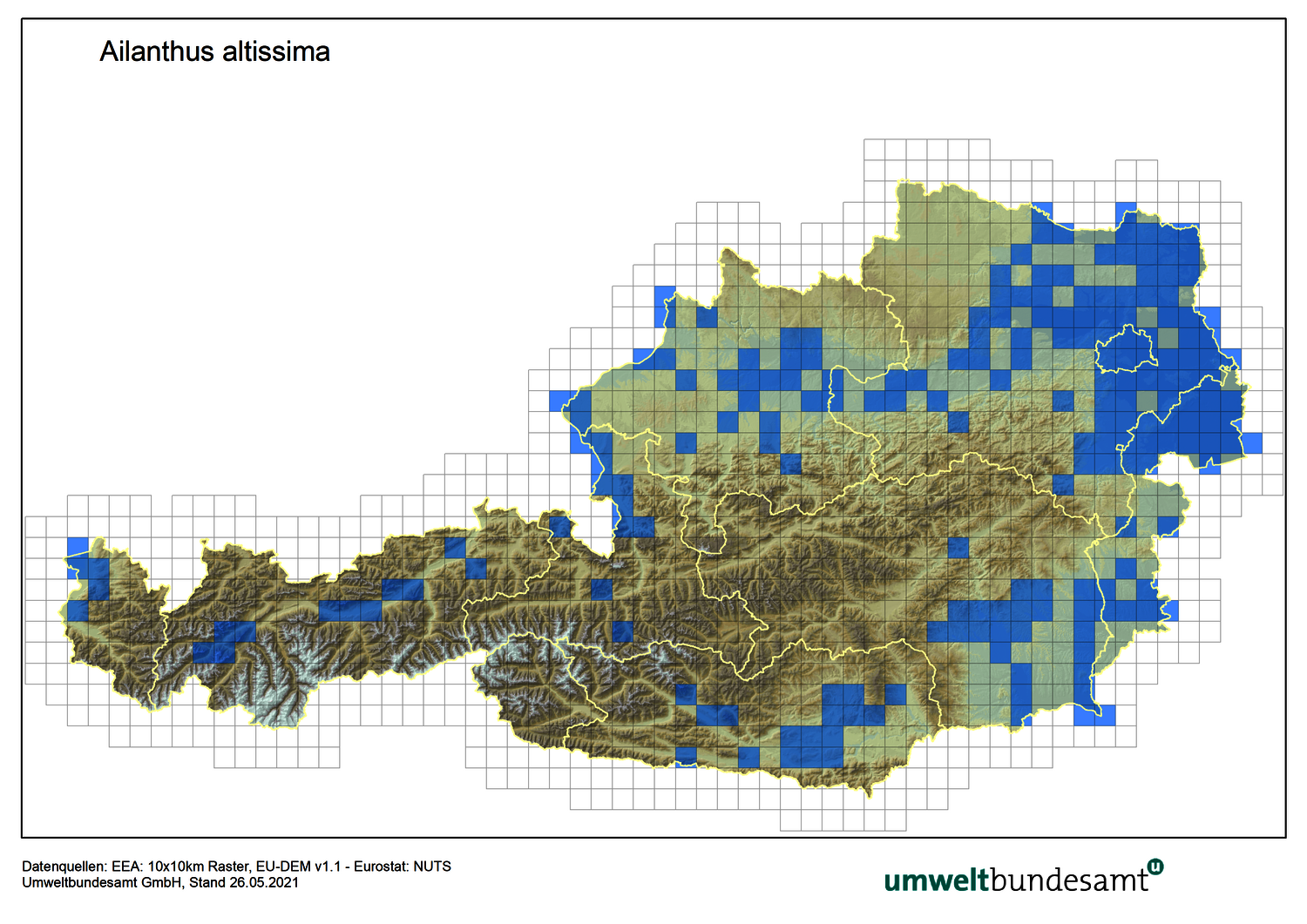 Die Karte zeigt die Verbreitung des Götterbaumes in Österreich (Nachweise bis 2021).