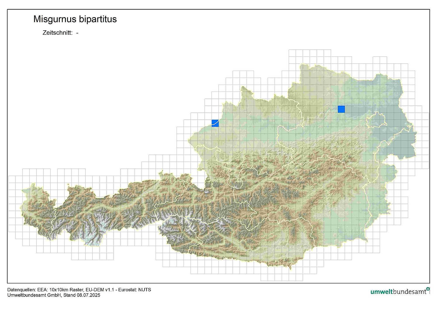 Österreichkarte zeigt zwei Verbreitungspunkte des Nordchinesischen Schlammpeitzgers in Österreich.
