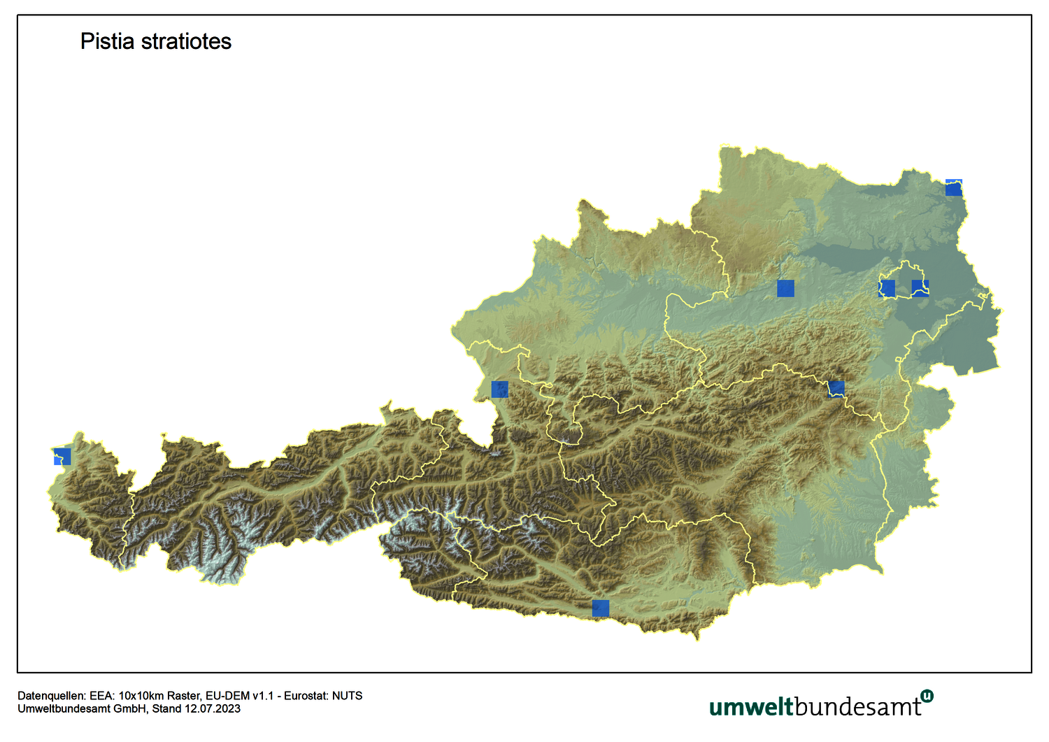 Die Karte zeigt die Verbreitung des Wassersalates in Österreich.