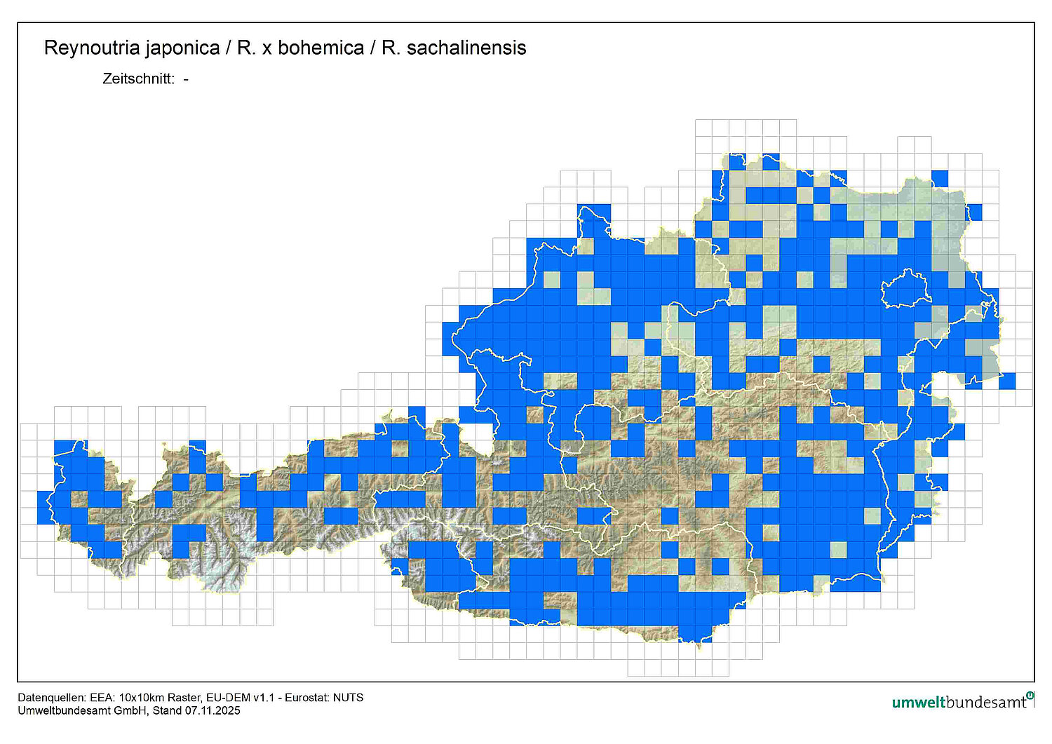 Österreichkarte zeigt die starke Verbreitung der Staudenknöteriche in Österreich.