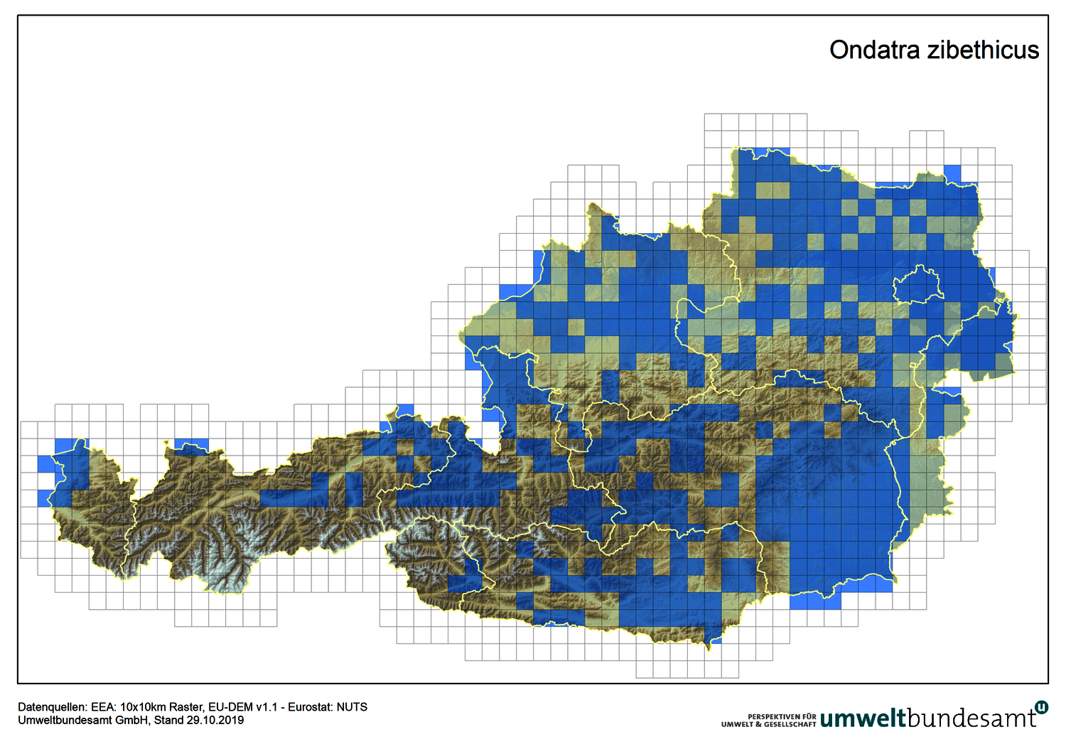 Die Karte zeigt die Verbreitung Verbreitung der Bisamratte in Österreich (Nachweise bis 2019).