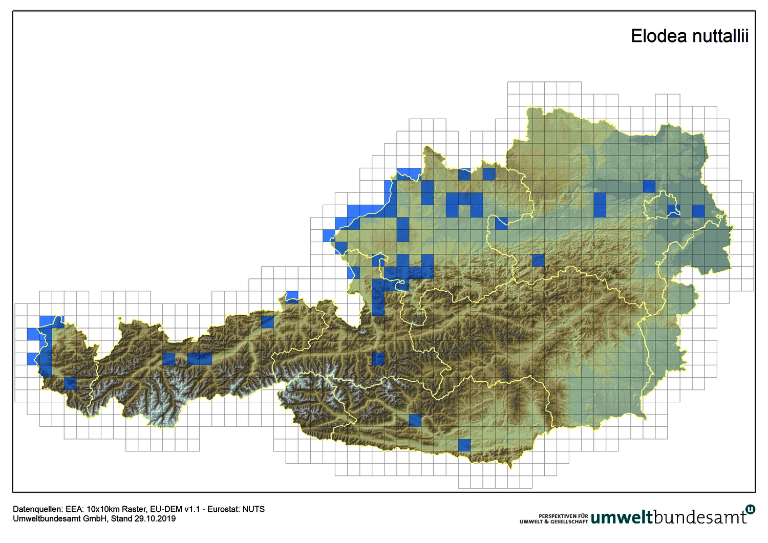 Die Karte zeigt die Verbreitung der Schmalblättrigen Wasserpest in Österreich (Nachweise bis 2019).