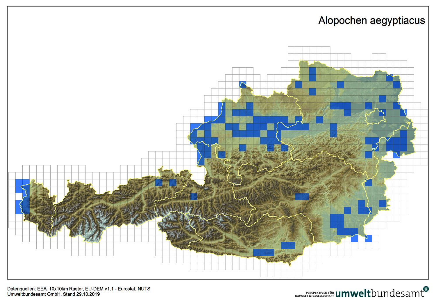 Die Karte zeigt die Verbreitung der Nilgans in Österreich bis zum Jahr 2019.