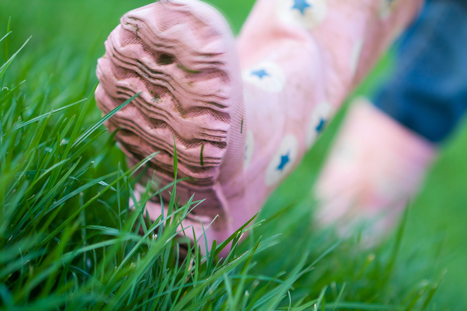 Rosa Gummistiefel in einer Rasenfläche.