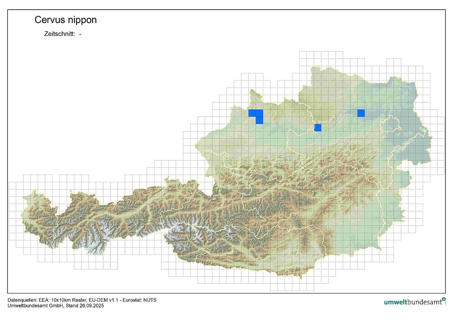 Österreichkarte zeigt die Verbreitung des Sikahirsches in Österreich.