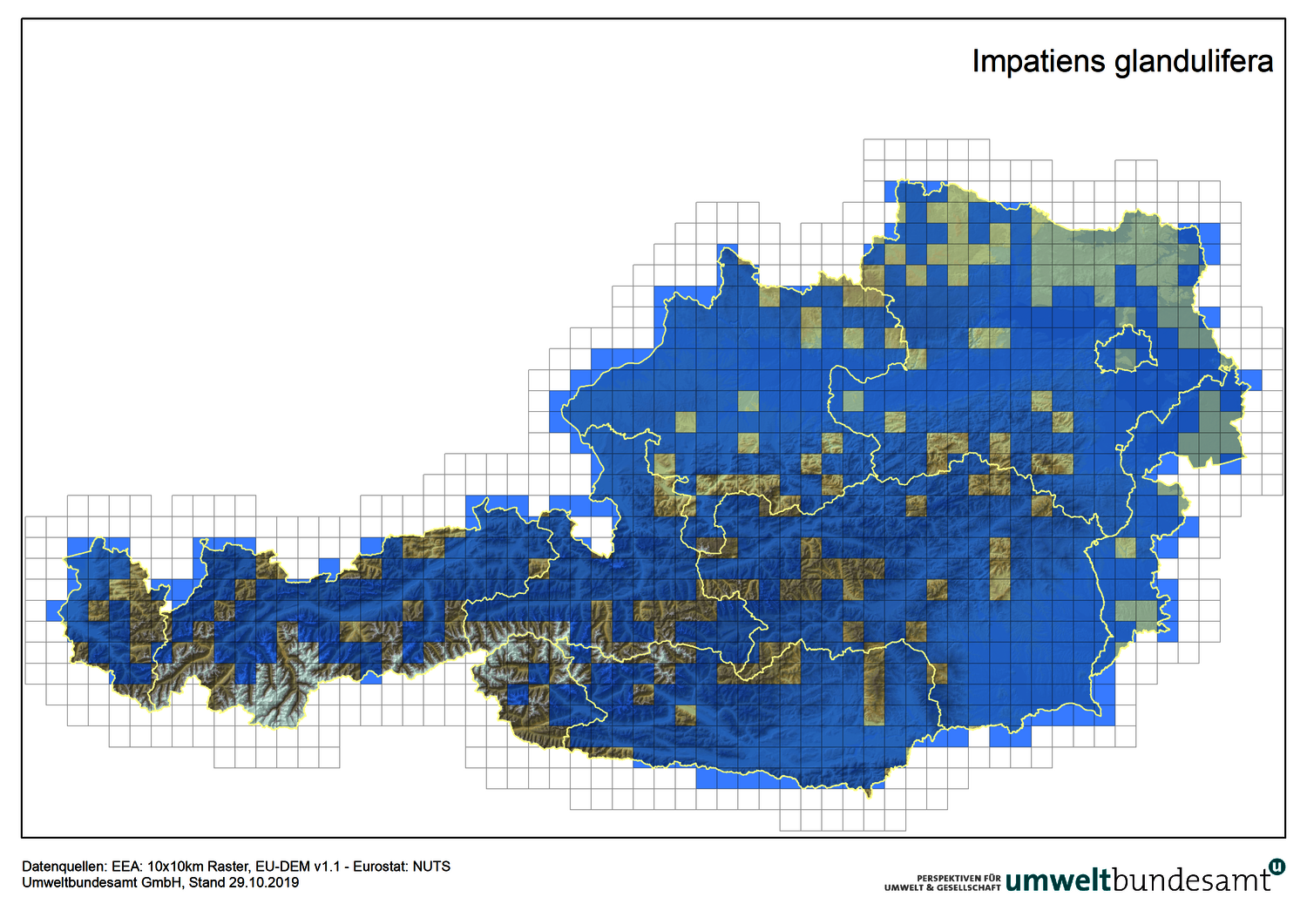 Die Karte zeigt die Verbreitung des Drüsigen Springkrauts in Österreich (Nachweise bis 2019).