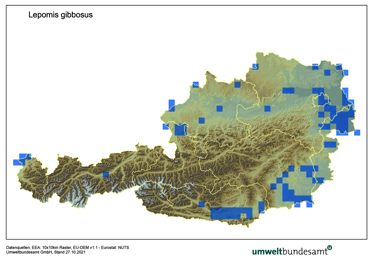 Die Karte zeigt die Verbreitung des Gemeinen Sonnenbarsches in Österreich (Nachweise bis 2021).