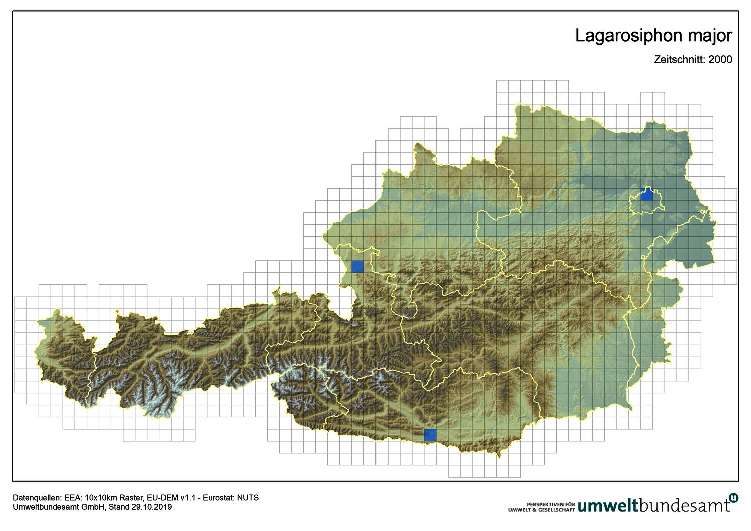 Die Karte zeigt die Verbreitung der Wechselblatt-Wasserpest in Österreich (Nachweise zwischen 2000 und 2019).