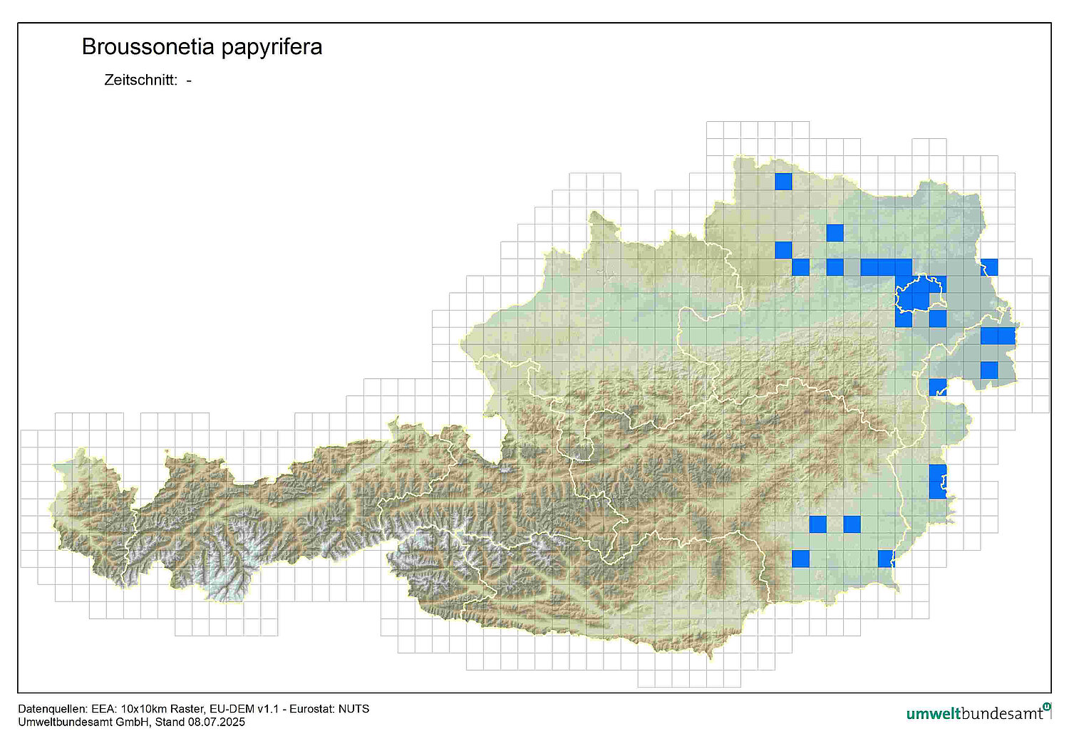 Österreichkarte zeigt die Verbreitung der Papiermaulbeere im östlichen Bereich von Österreich.