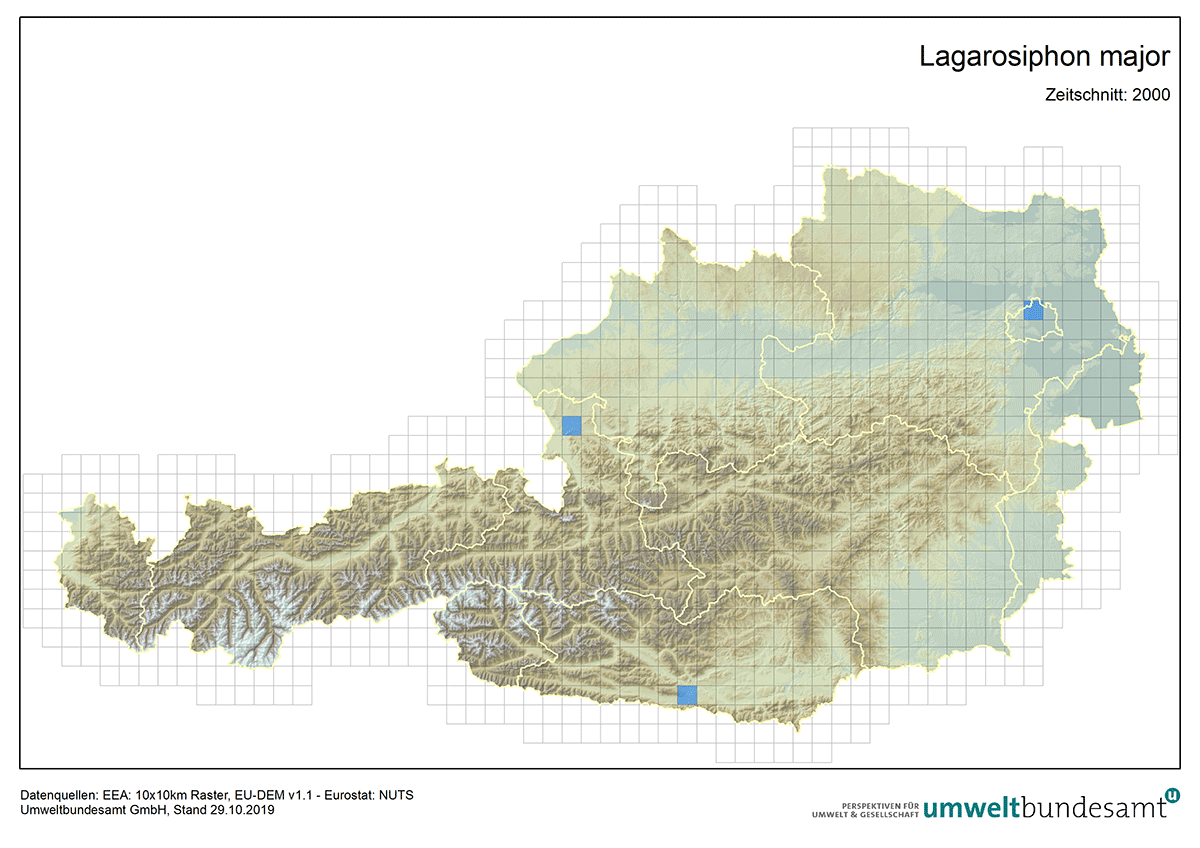 Verbreitung der Wechselblatt-Wasserpest in Österreich (Nachweise zwischen 2000 und 2019). Die Karte zeigt die Verbreitung der Wechselblatt-Wasserpest in Österreich (Nachweise zwischen 2000 und 2019).